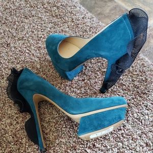 Nicholas Kirkwood Blue Suede Ruffle-Back Platforms